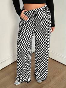 SHEIN EZwear 大码女式松紧腰口袋格纹阔腿宽松休闲裤 - 黑與白 - 查看 5