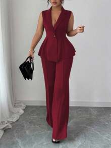 Elenzga 加大码无袖西装外套领口收腰优雅浪漫女士套装 - 酒紅色 - 查看 5