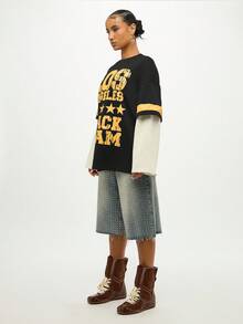 SUMWON WOMEN 大学双层洛杉矶田径队都市街头风格 T 恤 22 号星星图案复古设计秋季时尚分层外观 - 黑色 - 查看 5