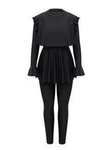 Swim Mulvari 纯色优雅度假女式双层连衣裙，带荷叶边肩部布基尼泳衣套装，适合度假和海滩 - 黑色 - 查看 7