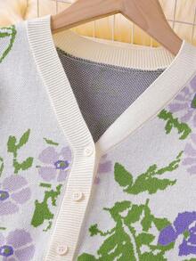 Sparklyn Tween 女童紫色花朵针织开衫和裤子套装优雅百搭时尚秋冬复古花卉提花长袖毛衣两件套 - 彩色 - 查看 3