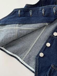 Elamini 女式单排扣仿口袋休闲百搭牛仔背心 - 藍色 - 查看 4