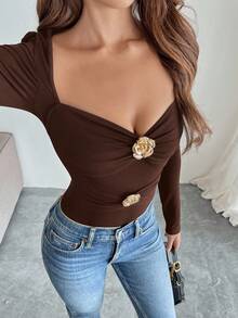 Firerie 女款黑色十字褶皱 3D 花卉长袖上衣 - 棕色 - 查看 4