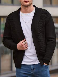 SHEIN Cottnline Men Classic Business Style Turn-Down Collar Sweater Black Cardigan - Black - View 3