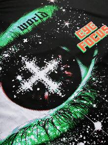 PAVTROS 美式街头风格蝙蝠袖立领短款T恤，带有大眼睛图案印花 - 黑色 - 查看 5