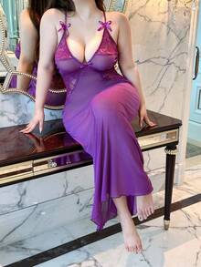 Vibekara Vestido ajustado sexy de talla grande con escote en V, parches de encaje, decoración de lazo, mangas de murciélago, que estiliza y define la cintura - Morado - Ver 7