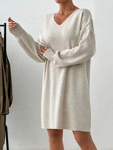 EURMUSE V Neck Long Sleeve Mini Sweater Dress - Apricot - View 4