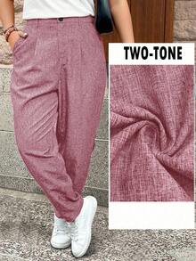 EMERY ROSE Quần lửng đi làm thường ngày nhiều màu họa tiết vải lanh cỡ lớn - Bụi hồng - Xem 3