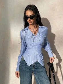 Ardnt Y2K Stylish Asymmetrical Button Design Blue Striped Casual Cropped Shirt For Women, Midriff-Baring Aesthetic - Blue - View 6