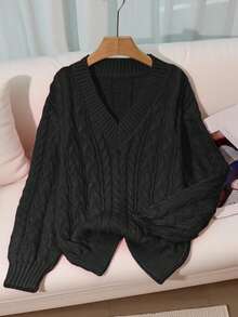 Franclia New Loose, Soft, Sweet Pink Oversized V-Neck Thick Cable Knit Pullover Sweater For Women, & Versatile For Autumn/Winter - Black - View 5