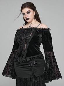 ROMWE EDITION Áo nhung tay dài hở vai phối ren Gothic họa tiết hoa cỡ lớn dành cho nữ, Áo cổ nhung họa tiết hoa phong cách Gothic cổ điển mùa thu/đông cỡ lớn, Áo nhung dự tiệc tối Gothic sang trọng thanh lịch cỡ lớn - màu đen - Xem 5