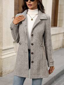 EMERY ROSE Women's Autumn/Winter High-End Single-Breasted Waist-Cinched Herringbone Thick Overcoat - Khaki - View 3