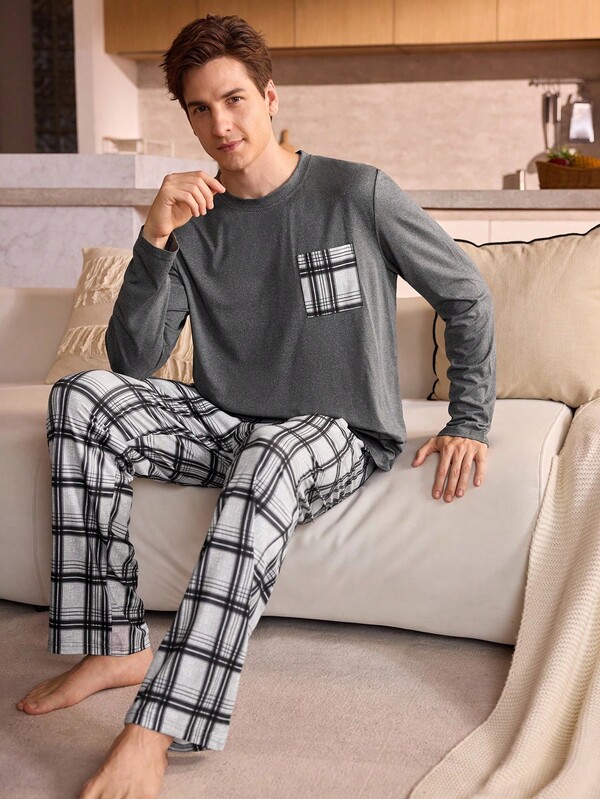 Manfinity Underwear&Sleepwear Basics 2pcs Plaid Crew Neck Long Sleeve Pajama Set For Plus Size Men (Classic Plaid Gray, Comfortable Loungewear)