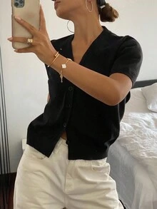 Livesso 女士纯色V领短袖修身针织上衣，商务休闲 - 黑色 - 查看 3