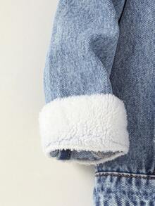 SHEIN Vintaside Kids 女童牛仔夹克和外套，全新秋冬系列，中蓝色牛仔布，学院风，可爱优雅，修身休闲，可拆卸荷叶边袖口和衣领，柔软棉质衬里，适合日常穿着、派对、旅行、返校