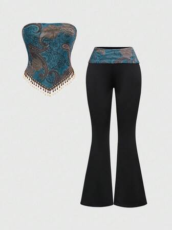 Retro Hippie Western Music Festival Wooden Bead Tassel Hem Paisley Print Bohemian Women's Set