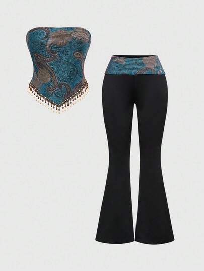 Hippie Ensemble bohème rétro hippie pour festival de musique western, avec perles en bois, franges et imprimé cachemire pour femmes