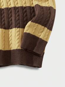 EASEVO 大码男士休闲V领长袖针织毛衣，带粗条纹图案，秋冬