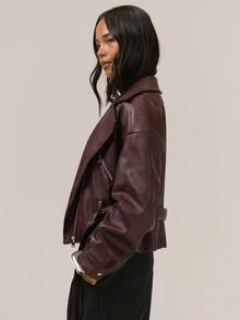 MUSERA Áo khoác bất đối xứng cổ bẻ khóa kéo, chi tiết thắt lưng giả da, thích hợp cho buổi tối, mùa đông hoặc mùa xuân. - Màu Đỏ Sâu - Xem 3