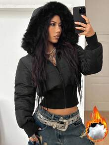 Coolane 女式冬季街头风基本款绗缝大衣（配法兰绒帽） - 黑色 - 查看 3