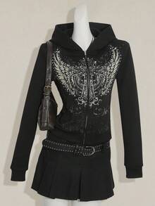 SHEIN ICON Y2K 女款万圣节哥特图案黑色秋冬翅膀印花长袖拉链前开休闲连帽衫 - 黑色 - 查看 3