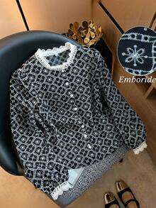 Franclia Plus Size Embroidered Floral Woven Open Front Shirt, Autumn/Winter - Navy Blue - View 1