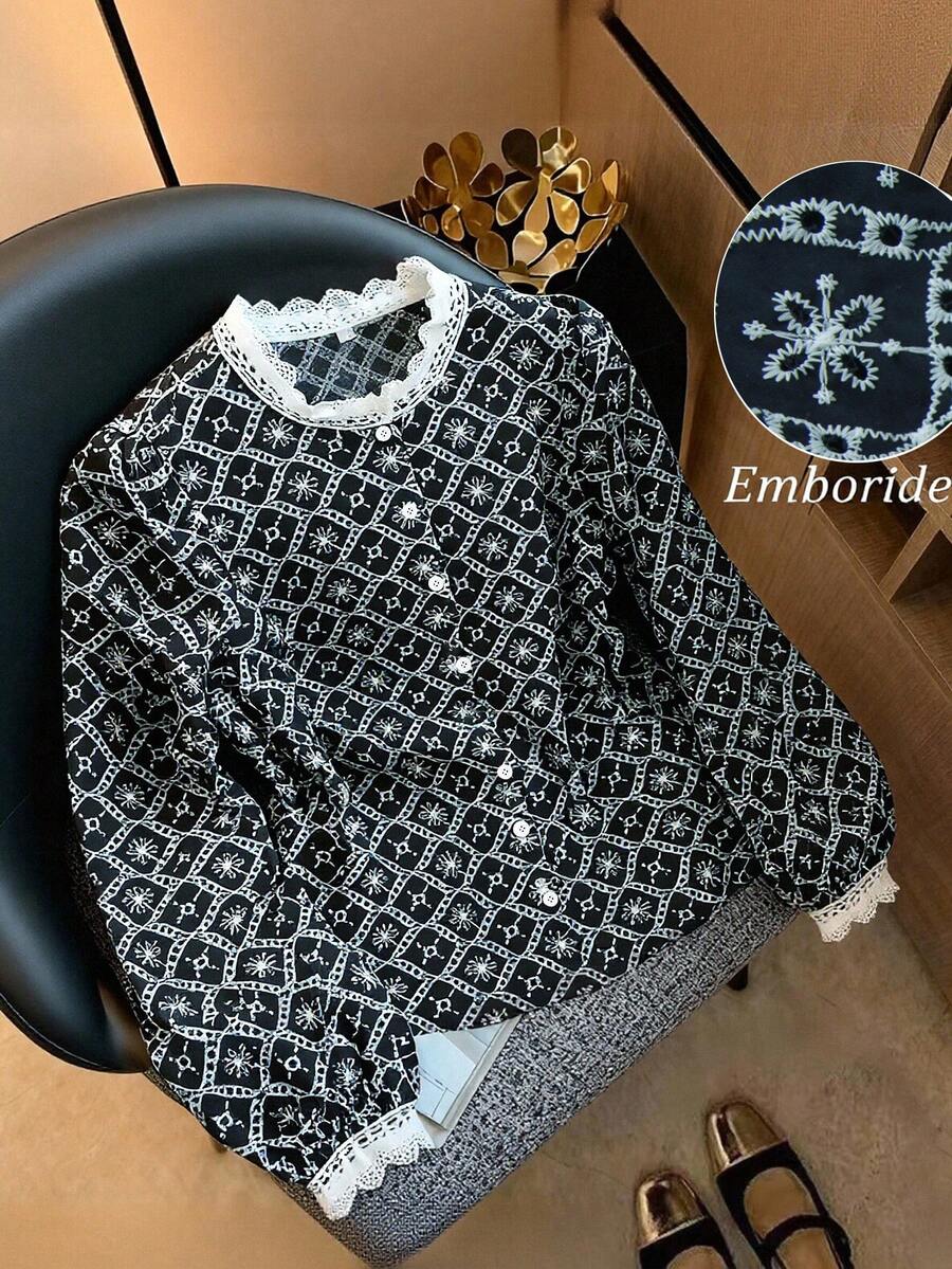 Franclia Plus Size Embroidered Floral Woven Open Front Shirt, Autumn/Winter - Navy Blue - View 1