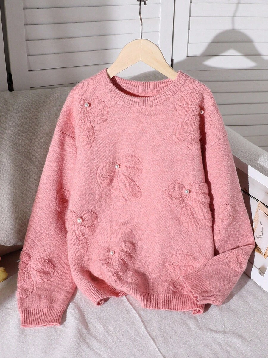 少女蝴蝶结仿珍珠装饰圆领落肩长袖宽松毛衣,秋冬季粉色毛衣圣诞节万圣节套头衫 - 珊瑚粉 - 查看 1