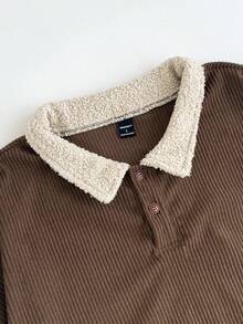 SWAVVY 男士宽松字母印花 Polo 领长袖套头衫，秋冬休闲款 - 咖啡棕 - 查看 3