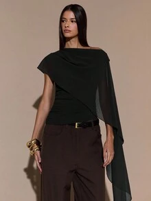 SHEIN BAE Women's Asymmetric Shoulder Ruched Neck Tie Knit Top, Elegant Fitted Sweater, Autumn/Winter,Black Top - Black - View 3