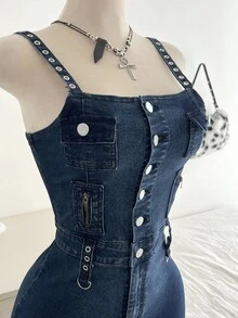 Elamini 女式单排扣拉链设计休闲牛仔连身裤 - 藍色 - 查看 3