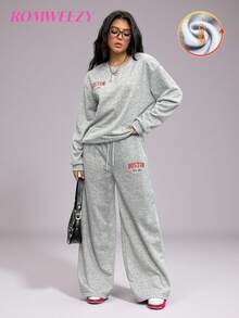 1 件宽松少女字母印花长袖运动衫和运动裤休闲套装，美式风格 - 灰色 - 查看 9