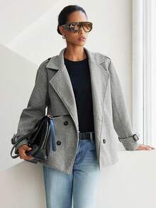 Lumivelle 秋冬时尚通勤双排扣大衣 - 藏蓝色 - 查看 7