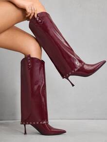 CUCCOO SZL Women's Shark Boots, Pointed Toe, Rivet Decor, Stiletto High Heel, Comfortable & Versatile - Burgundy - View 3