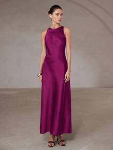 Aveloria Modichic Váy không tay dáng chữ A bằng vải acetate satin hai mặt, viền bất đối xứng, tối giản, thanh lịch dành cho nữ - Màu Hồng Tươi - Xem 3