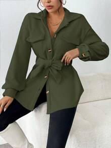 SHEIN LUNE Chaqueta casual de unicolor, versátil para el transporte, otoño/invierno - Verde Oscuro - View 6