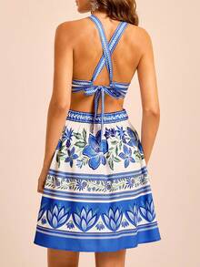 CAJUNI Women's Boho Tropical Floral Print, Sleeveless Tie-Back Backless Mini Dress, Casual Beach Sundress For Summer Vacation - Multicolor - View 2
