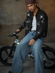 AXEPEAK Men's Washed Rhinestone Embellished Jacket, Brand High-End Lapel Stylish Short Outerwear - Black - View 7