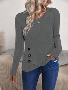 EMERY ROSE Women's Solid Color Round Neck Long Sleeve Button Design Ribbed Casual T-Shirt - Grey - View 5