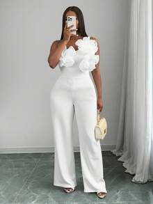 Slaydiva 新款白色情人节约会之夜单肩系带立体花卉装饰性感休闲连体裤，女士夏季穿搭 - 白色 - 查看 2