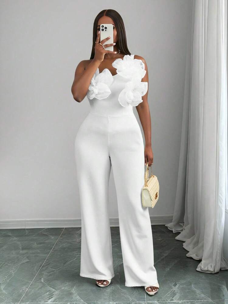 Slaydiva New White Valentine's Day Date Night One Shoulder Tie Floral 3D Decor Sexy Casual Jumpsuit For Women Summer Outfits For Women - White - View 1
