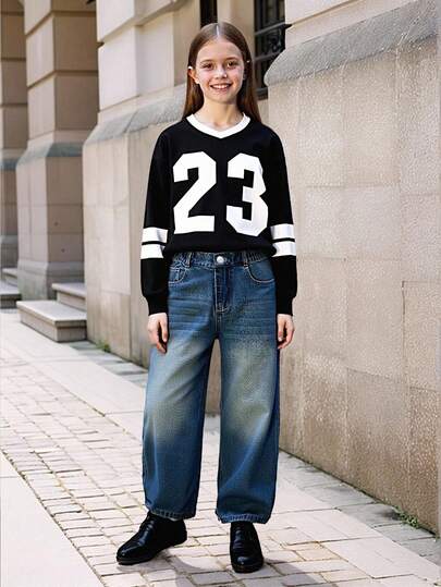 Girls' Casual, Comfortable, Fashionable Vacation, Street Style, Cute, School Retro Number Print Colorblock V-Neck Basic Sweatshirt, Loose, Soft Washed, Daily Wear, 5-Pocket American Style Set