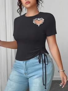 Elenzga Plus Size Round Neck Short Sleeve Casual T-Shirt With Side Tie Drawstring And Heart Shaped Pearl Decor - Dark Grey - View 3