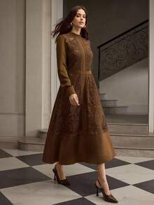 ZEYLAH Elegant Party Lace Patchwork Mid-Length Dress - Coffee - View 3
