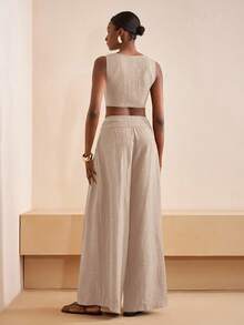 Zivah 2025夏季新款音乐节复活节母亲节婚礼生日派对日常出游基础百搭休闲度假邮轮旅行沙滩海边日光浴网红爆款街头风优雅通勤商务休闲V领无袖修身开衫女背心宽松阔腿裤纽扣口袋百褶女两件套 - 杏色 - 查看 2