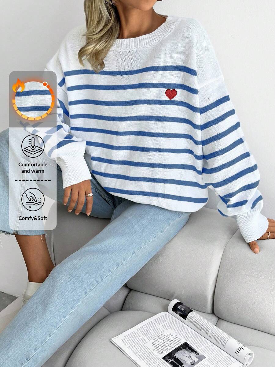 EURMUSE Plus Size Striped & Heart Pattern Drop Shoulder Sweater, For Winter - Blue and White - View 1
