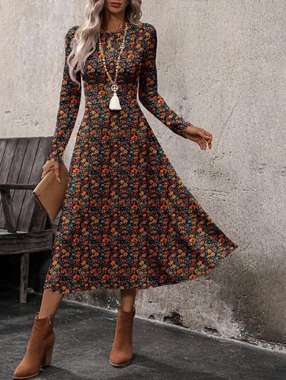 EMERY ROSE Blommig långärmad klänning med åtsittande midja för kvinnor, lämplig för vår- och höstkläder utomhus