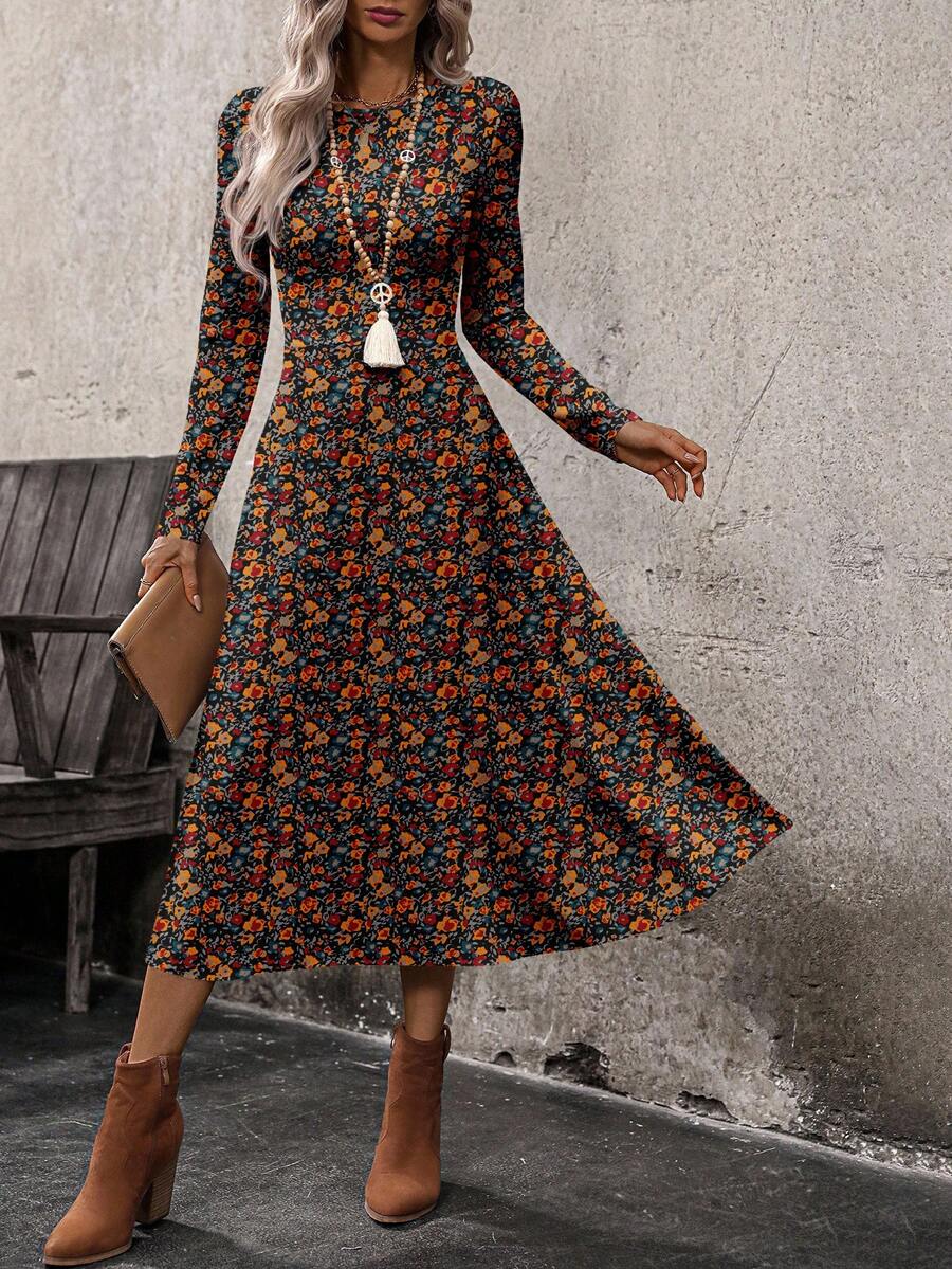 EMERY ROSE 女式花卉印花长袖束腰连衣裙，适合春秋季户外穿着 - 彩色 - 查看 1