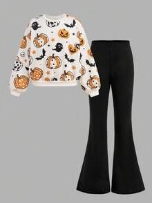 SHEIN Girlism Conjunto informal de 2 piezas para niñas preadolescentes con sudadera holgada de cuello redondo con estampado de flores de dibujos animados y pantalones acampanados para uso diario en otoño/invierno