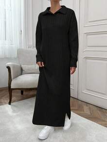 EURMUSE Vestido de suéter largo tipo maxi con cuello de polo y toque suave de hilo cepillado para mujer - Negro - Ver 6